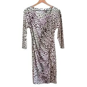 New York & Company Cheetah Animal Print Wrap MIDI Dress Size S Black White Event